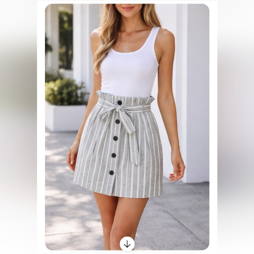 H&M Paperbag Waist Striped Mini Skirt Belted Size 6 Gray White